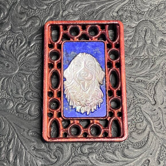 Golden Retriever Dog Mother of Pearl Lapis Lazuli Pendant Cabochon Mini Art - Picture 3 of 8